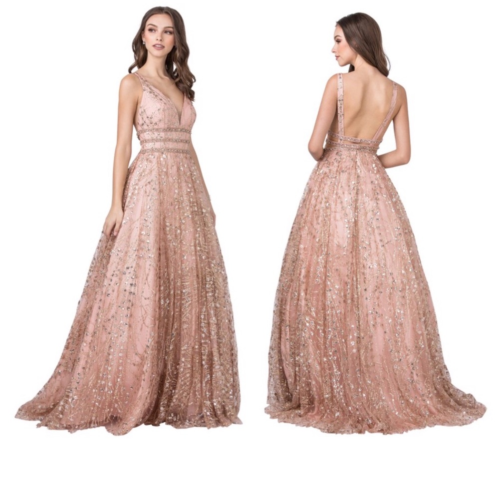 Rose Gold Rhinestone Embellished Prom Dress
